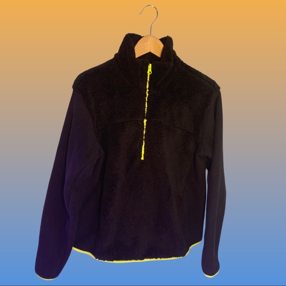 Zella Sherpa Faux Shearling Half Zip Pullover Sweater Fleece Black Lime …